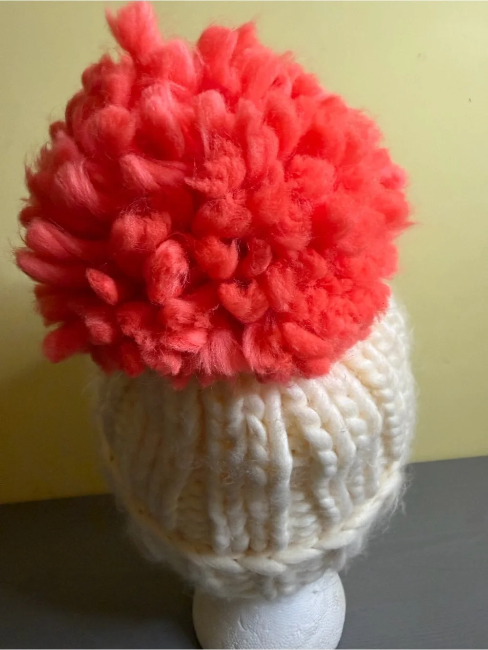 Anthropologie Cream Knit Beanie with Coral Pom, OS